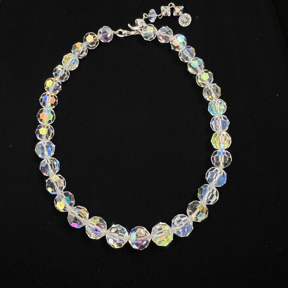 Crystal Bead Necklace Iridescent AB Faceted Glass Choker 14" Vtg Glam Fairycore